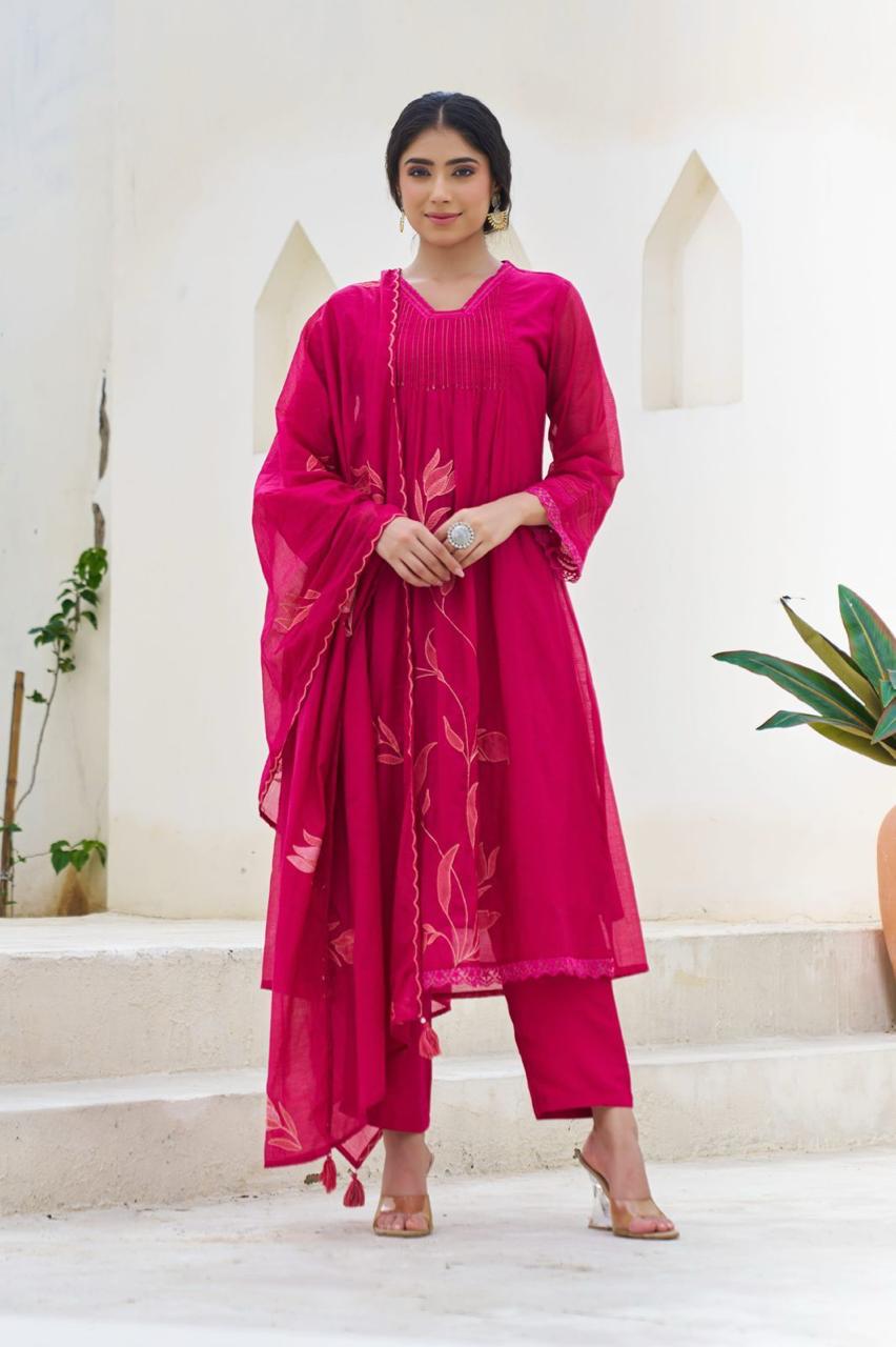 Applique work pink colour cotton full suit set with lace detailing