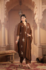Preetty Mul cotton embroidered full suit set in Brown