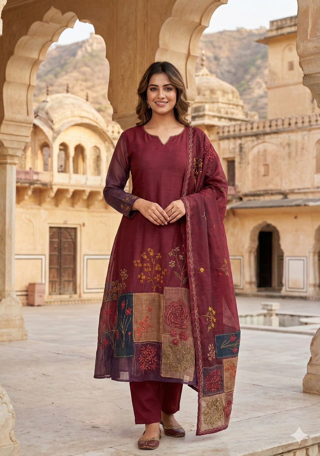 Premium linen chanderi githan work suit set