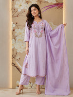 Purple embroidered cotton lining suit set