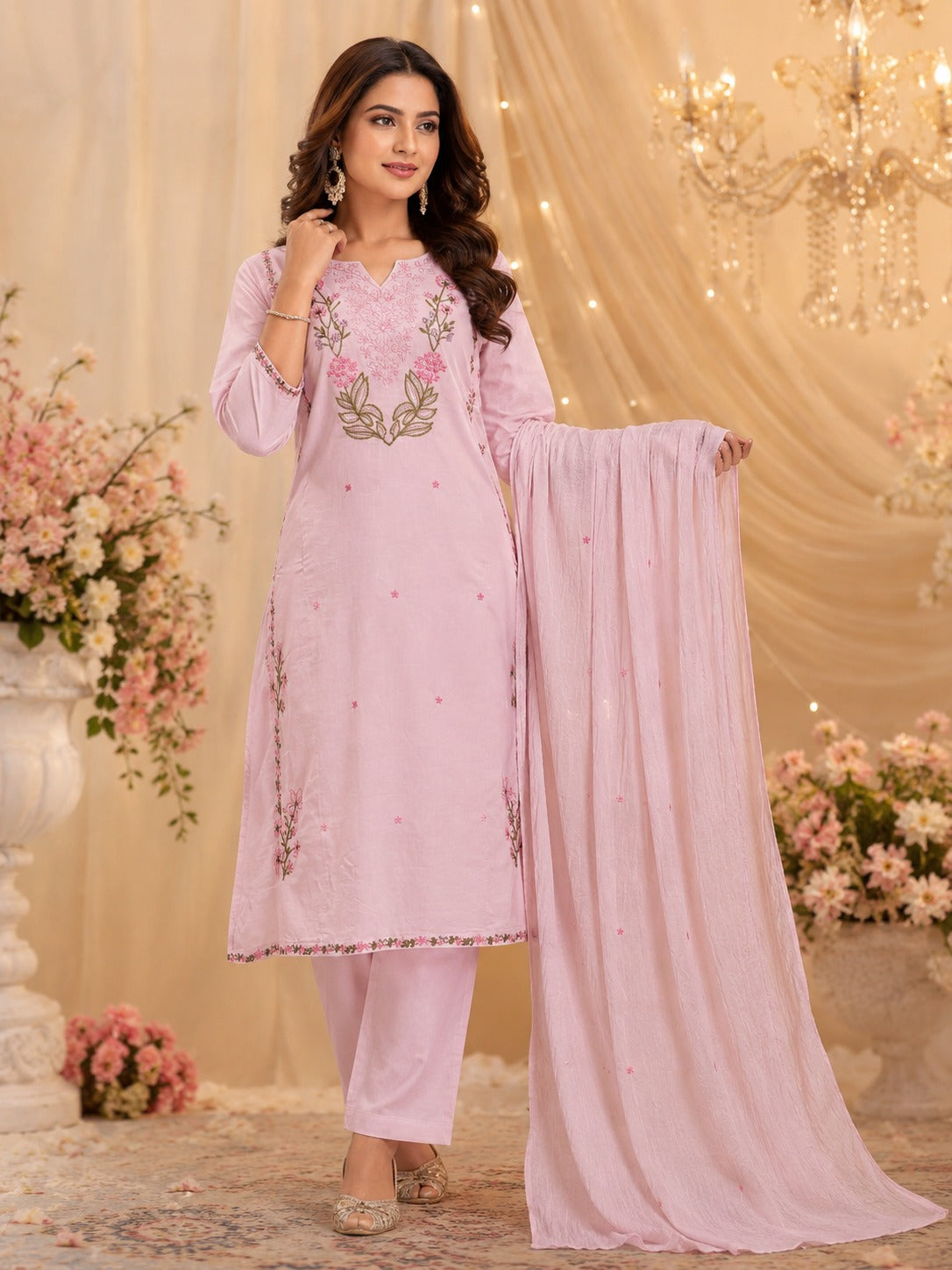 Pink embroidered cotton lining suit set