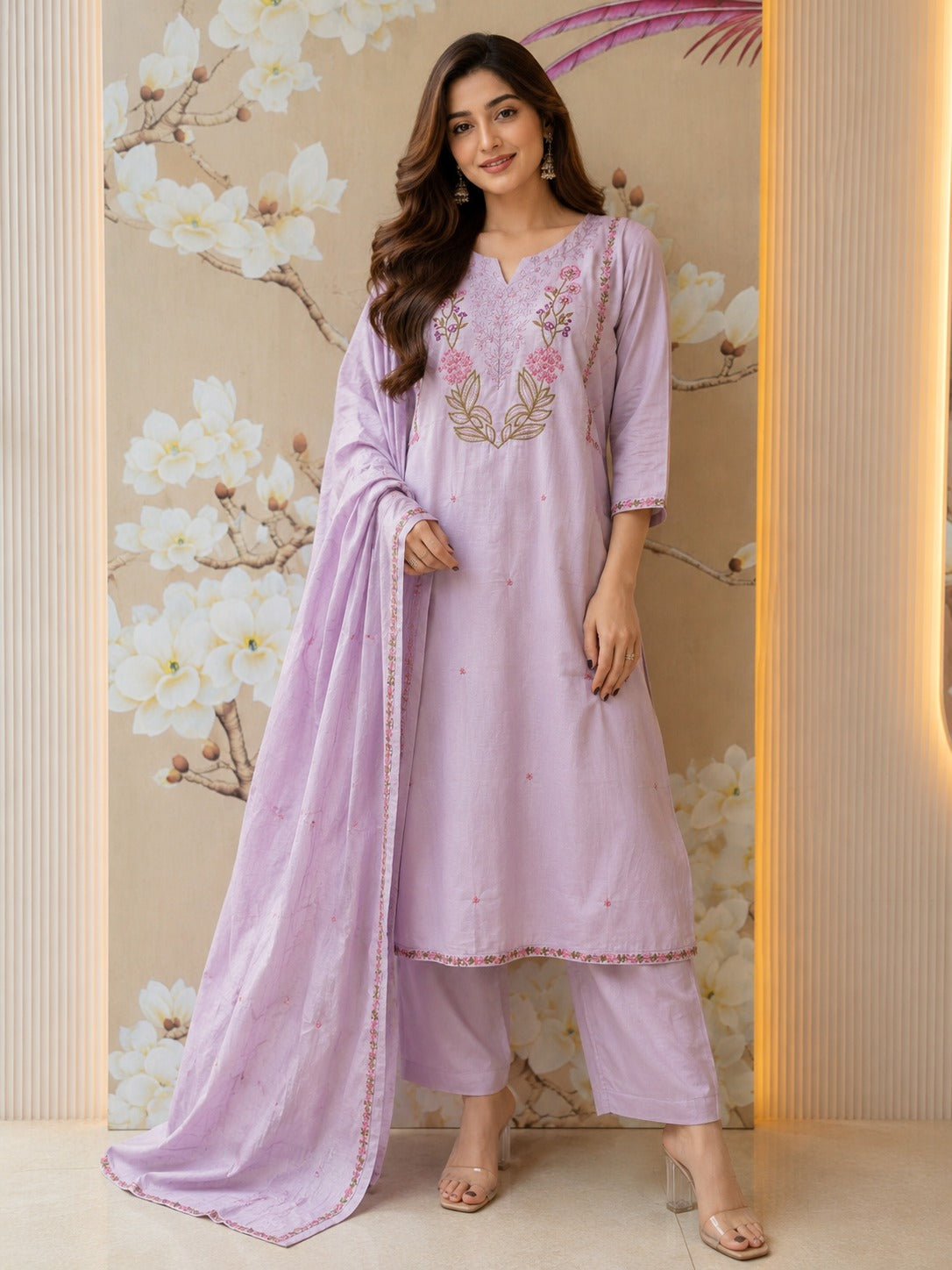 Purple embroidered cotton lining suit set