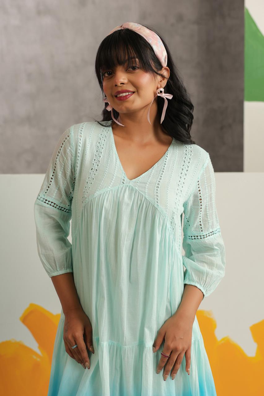 Pretty Mul cotton lining shifli ombré dress in aqua(loose fit)