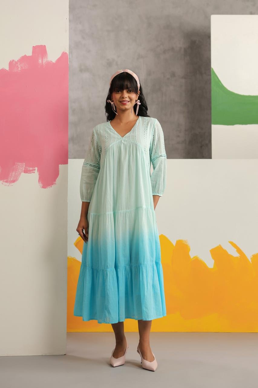 Pretty Mul cotton lining shifli ombré dress in aqua(loose fit)