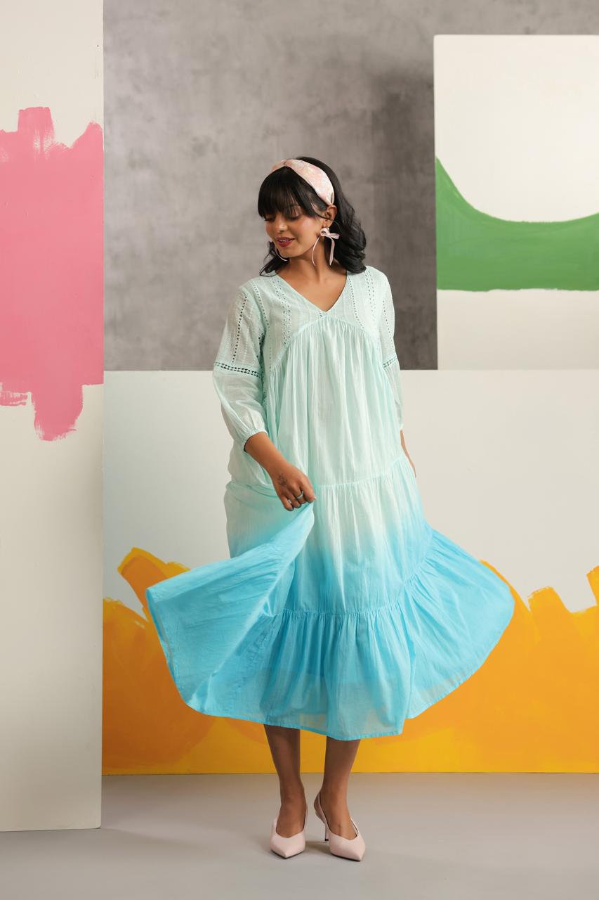 Pretty Mul cotton lining shifli ombré dress in aqua (loose fit)– Aashvi Couture