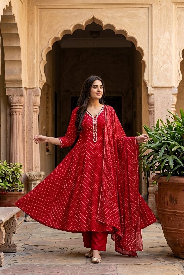 Lehariya and bandhani cotton Anarkali suit set in red