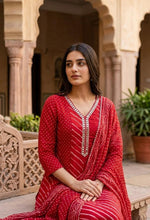 Lehariya and bandhani cotton Anarkali suit set in red