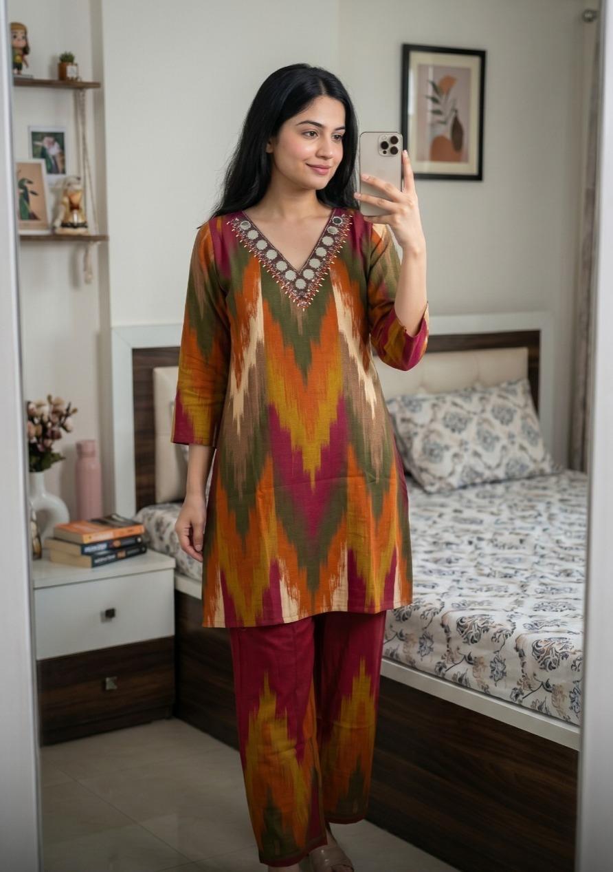 Super soft slub cotton Ikkat print co ord set