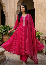 Lehariya and bandhani cotton Anarkali suit set in pink