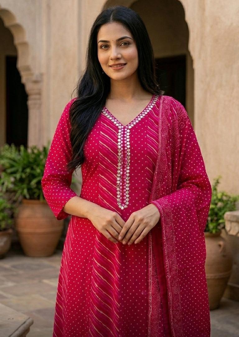 Lehariya and bandhani cotton Anarkali suit set in pink
