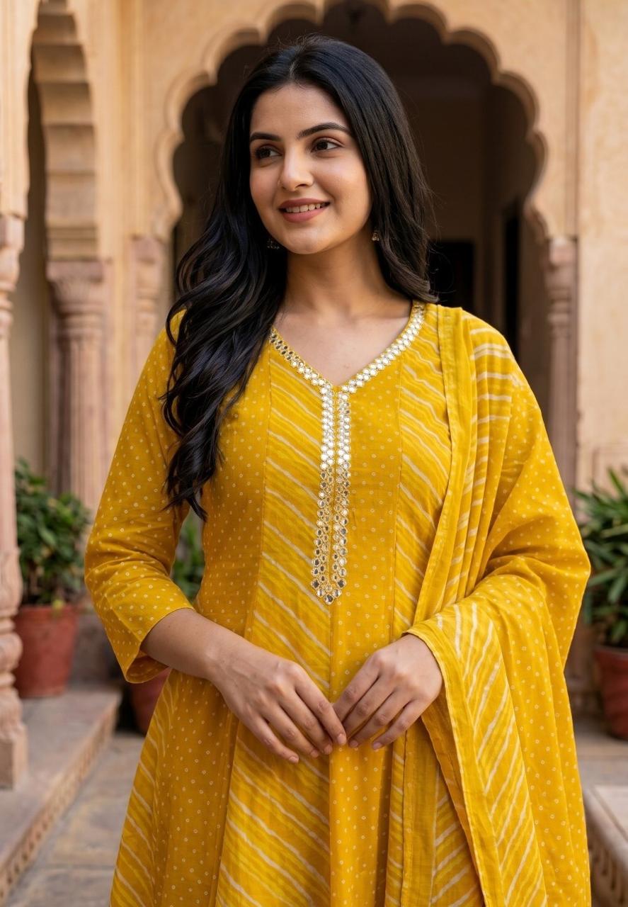 Lehariya and bandhani cotton Anarkali suit set in yellow