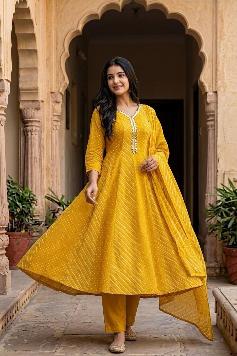Lehariya and bandhani cotton Anarkali suit set in yellow