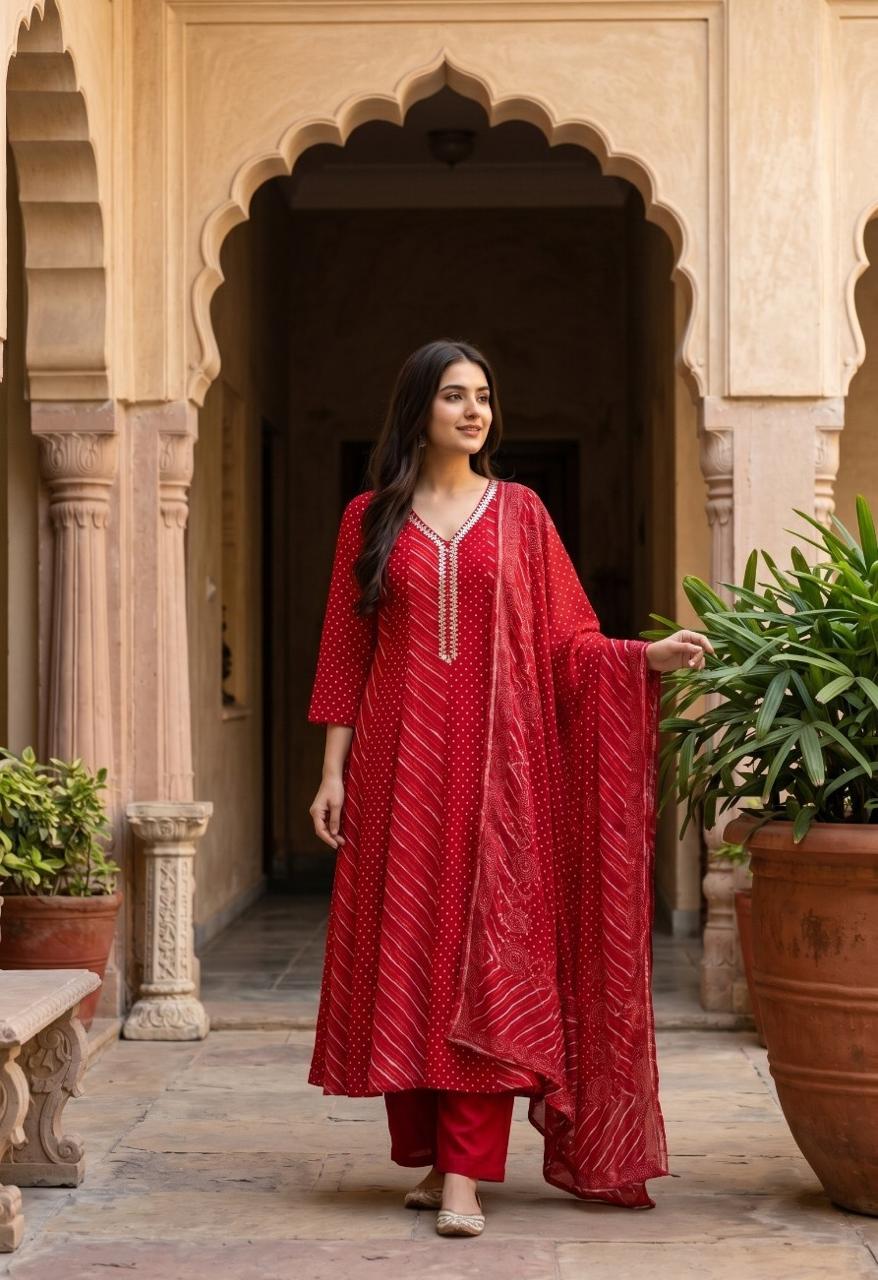 Lehariya and bandhani cotton Anarkali suit set in red