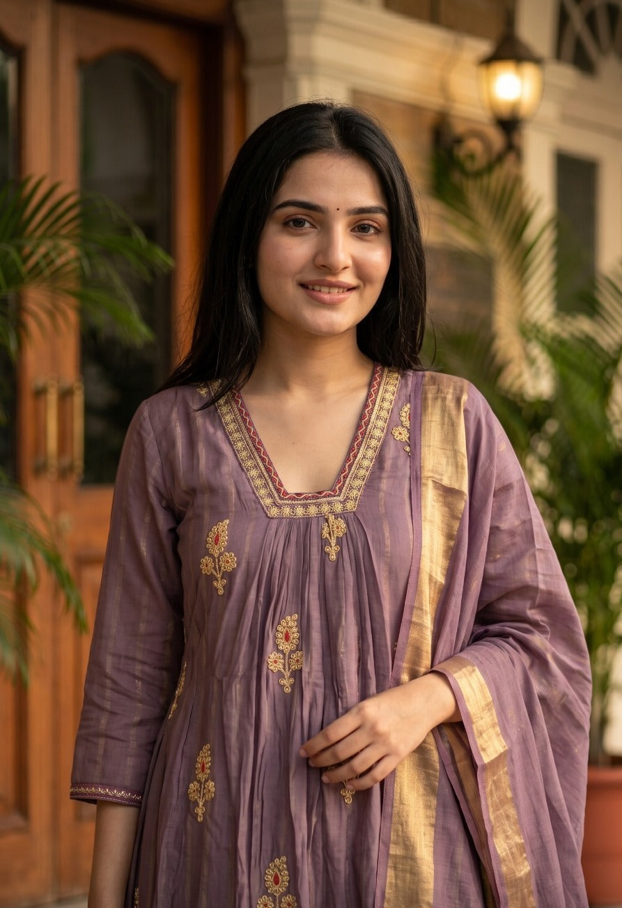Mul chanderi with zari detailing suit set in purple