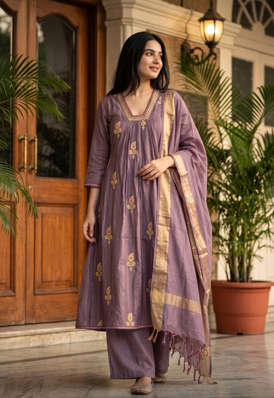 Mul chanderi with zari detailing suit set in purple
