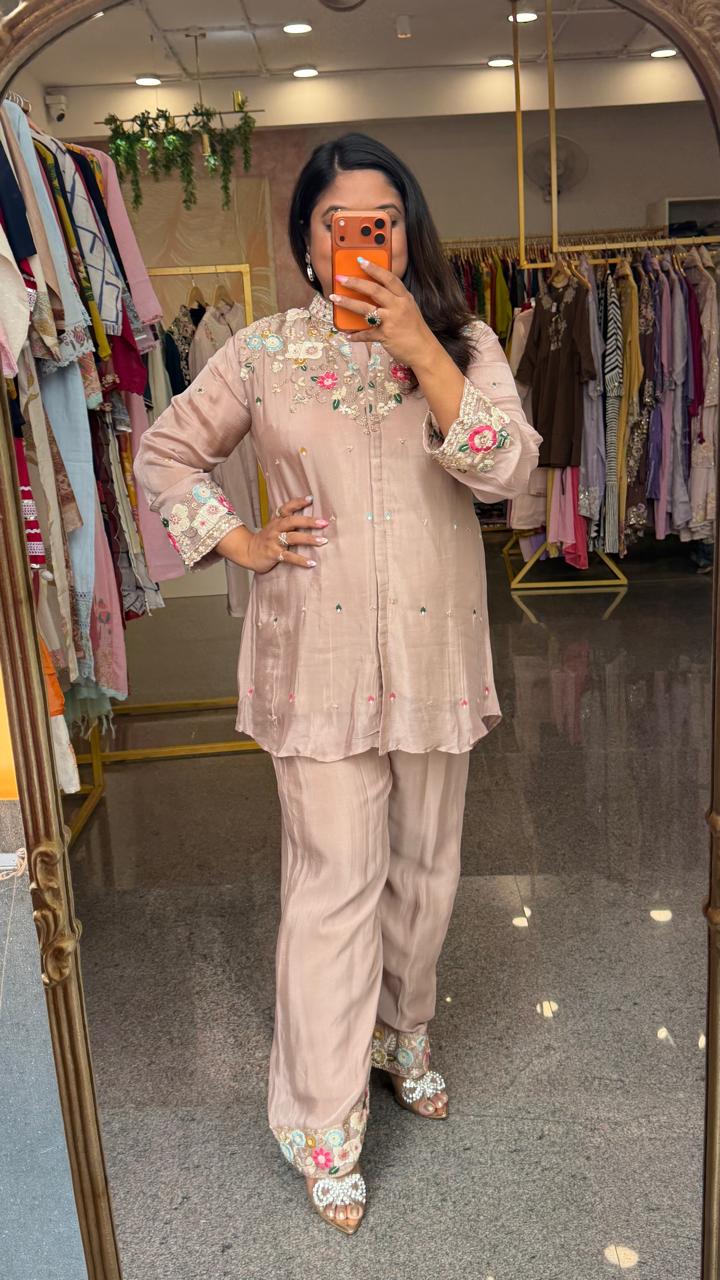 Beautiful intricate handwork pure chinon dusty pink Co ord