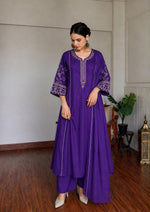 Fully embroidered cotton suit set in purple