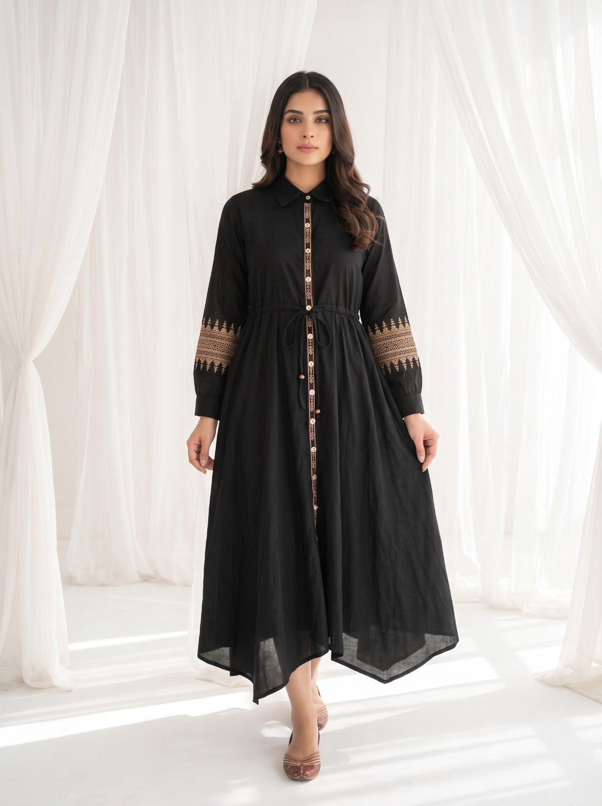 Designer cotton dress with adjustable string in black