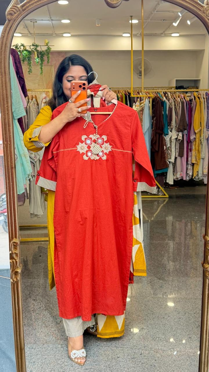 Pure cotton applique real mirror suit set in orange