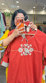Pure cotton applique real mirror suit set in orange