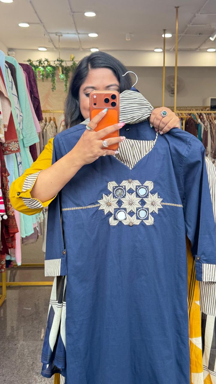 Pure cotton applique real mirror suit set in blue