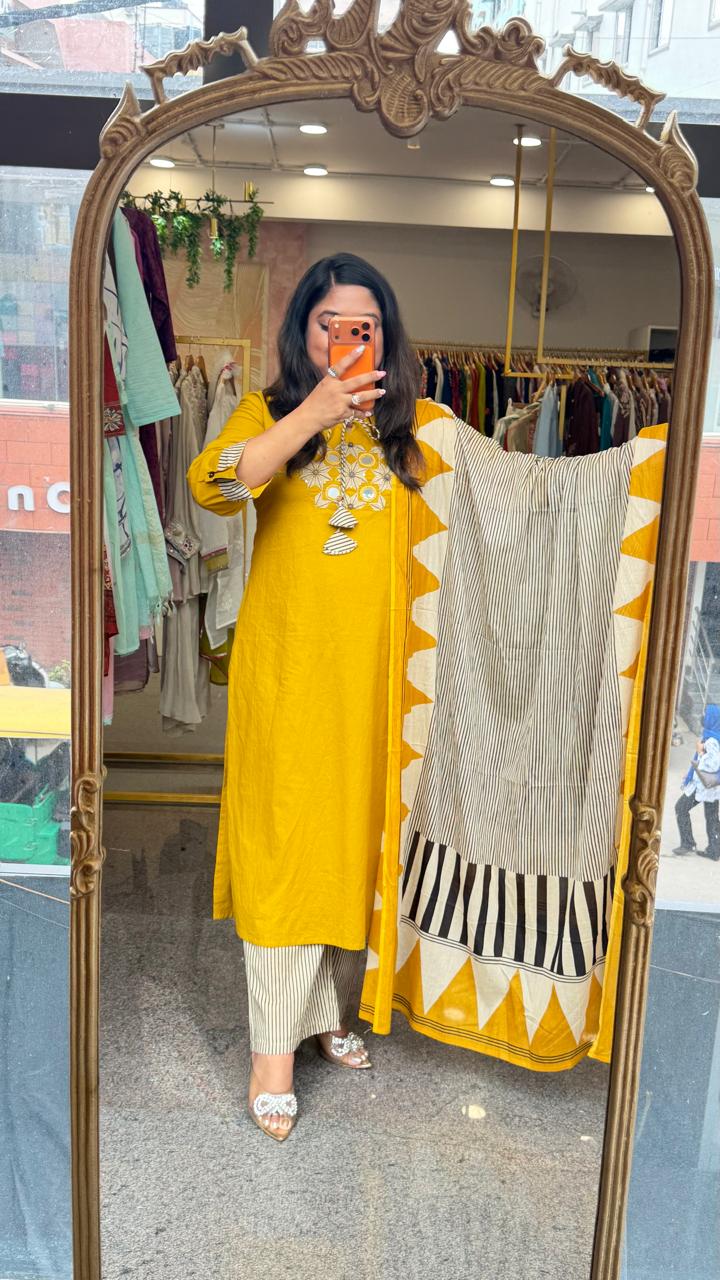 Pure cotton applique real mirror suit set in yellow
