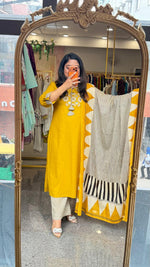 Pure cotton applique real mirror suit set in yellow
