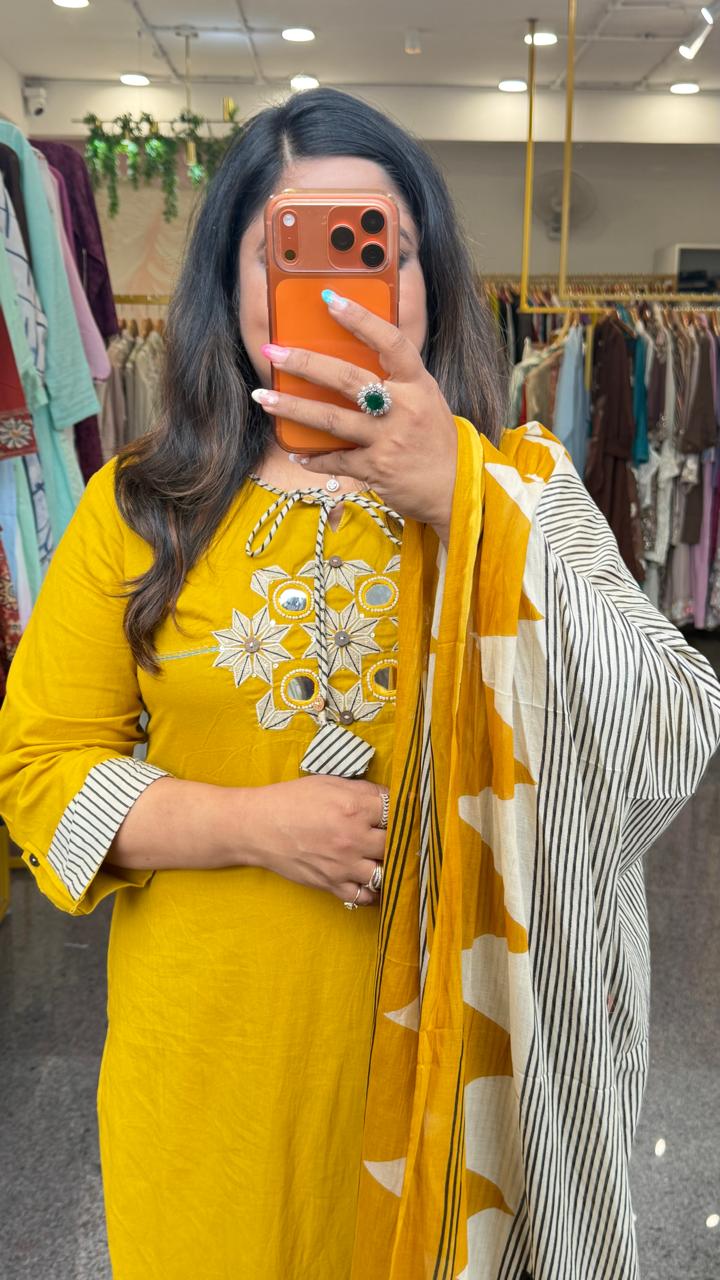 Pure cotton applique real mirror suit set in yellow