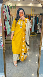 Pure cotton applique real mirror suit set in yellow