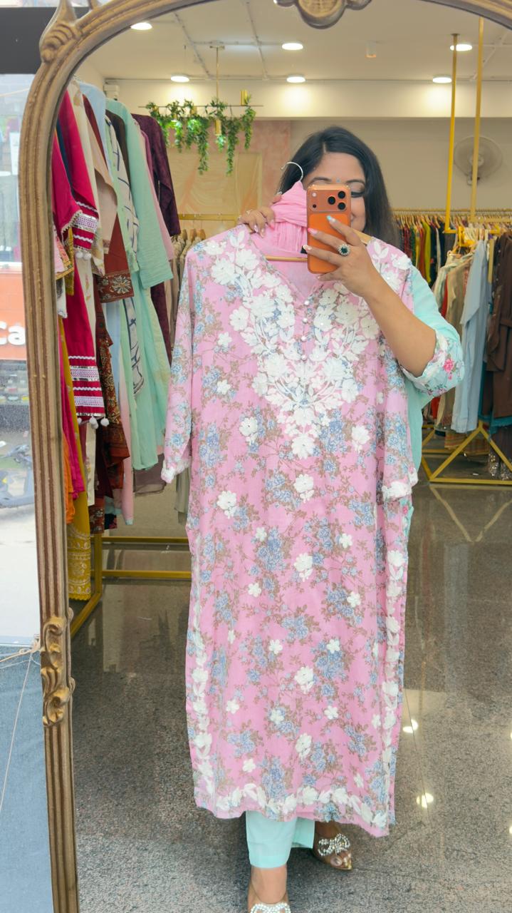 Pure cotton applique real mirror suit set in pink