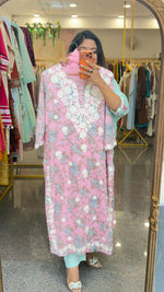 Pure cotton applique real mirror suit set in pink
