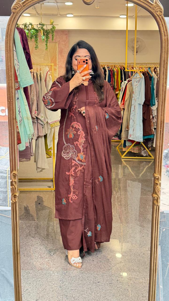 Smart pure cotton fully embroidered plazzo suit set in brown