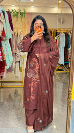 Smart pure cotton fully embroidered plazzo suit set in brown