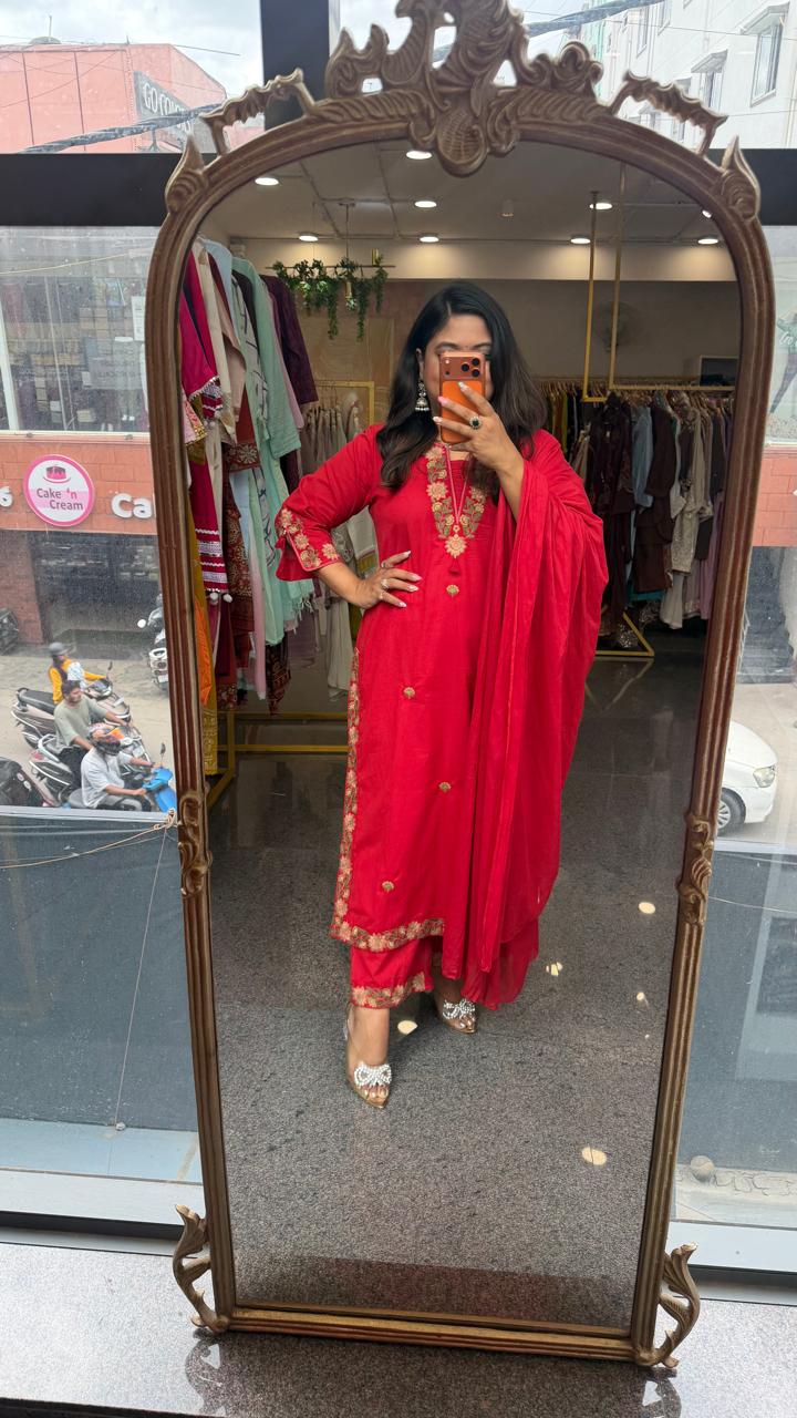 Pure cotton embroidered red suit set