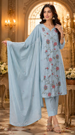 Pretty cotton embroidered suit setin blue