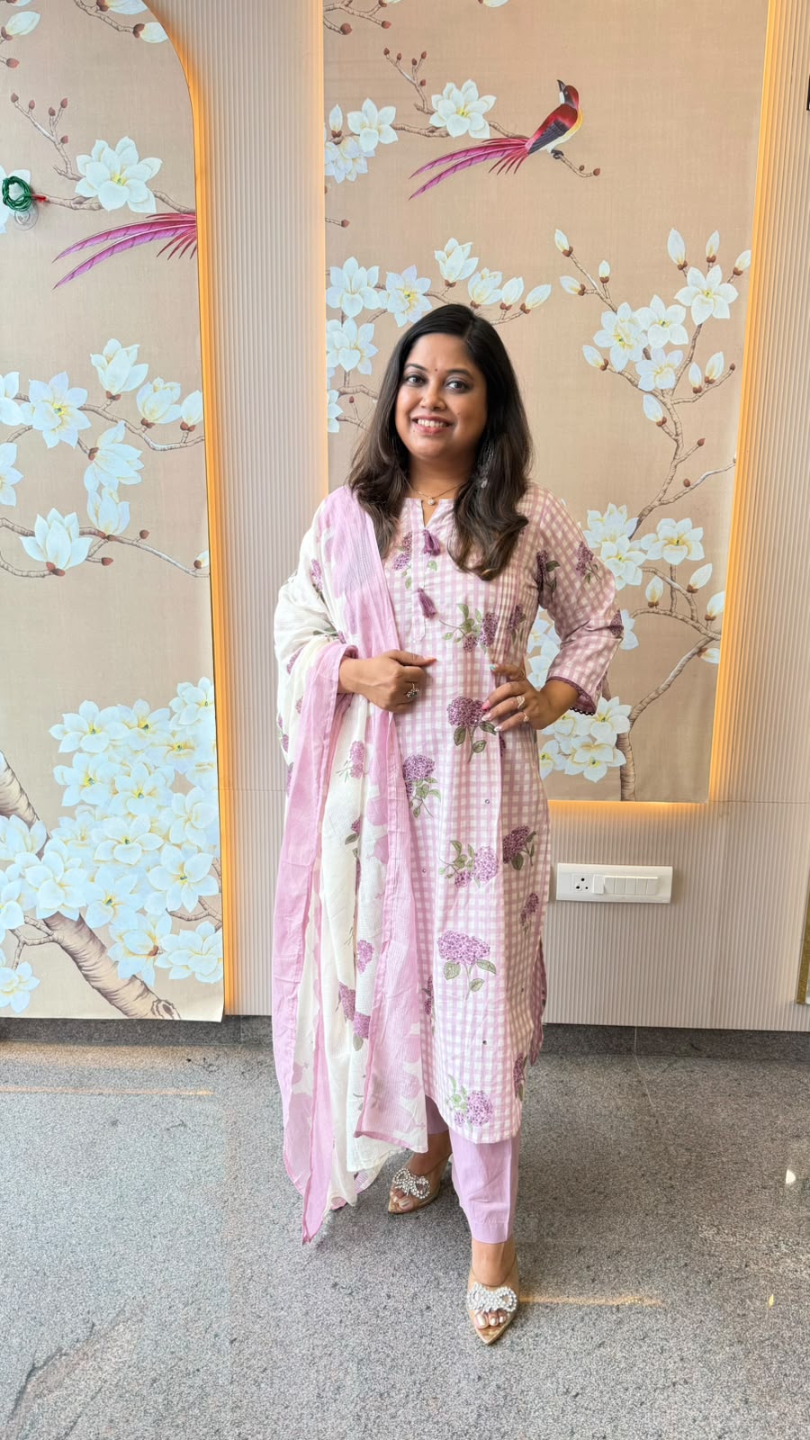 Chequered pretty cotton purple Suit set