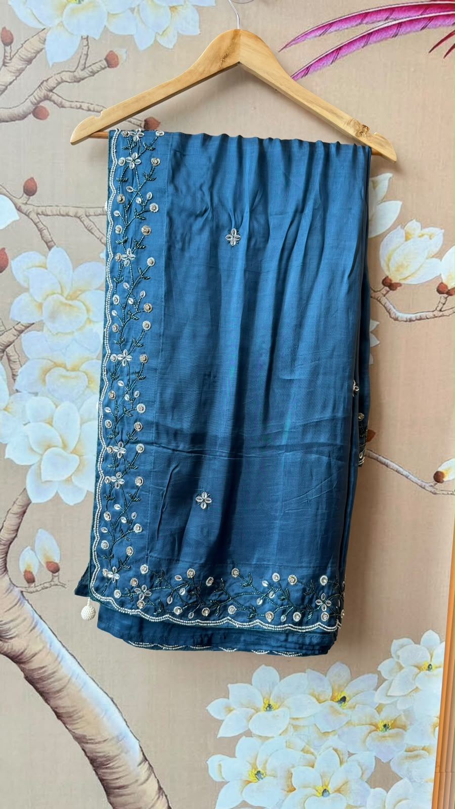 Pretty soft silk saree in blue with handwork comes with stitch blouse