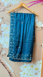 Pretty soft silk saree in blue with handwork comes with stitch blouse