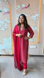 Semi georgette pretty hand work suit set in red (slim fit)