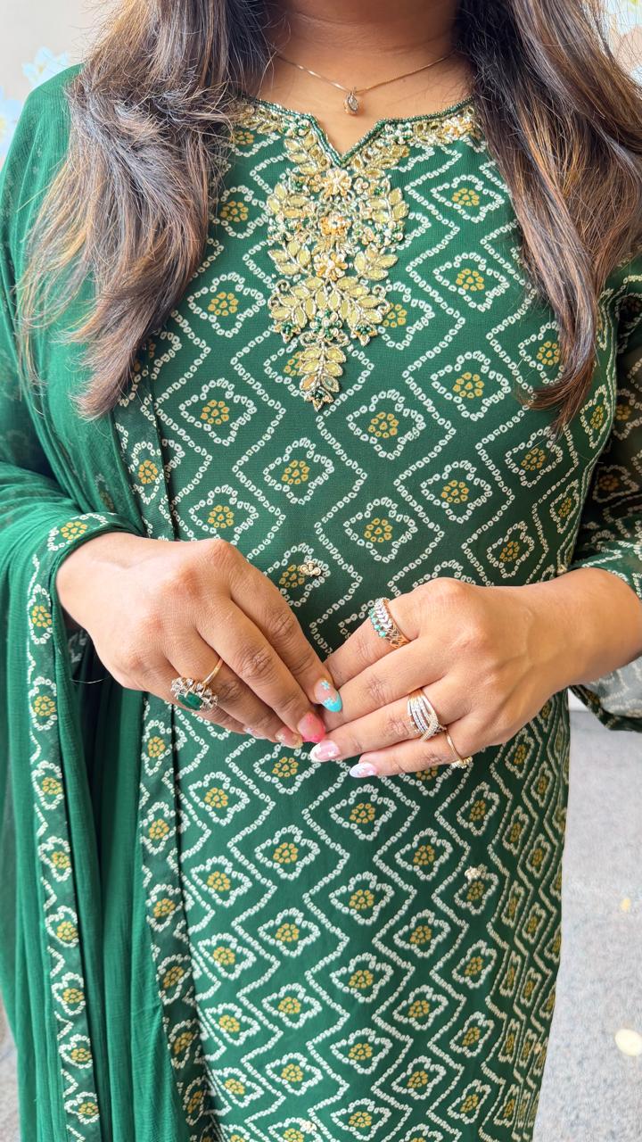 Semi georgette pretty hand work suit set in green (slim fit)