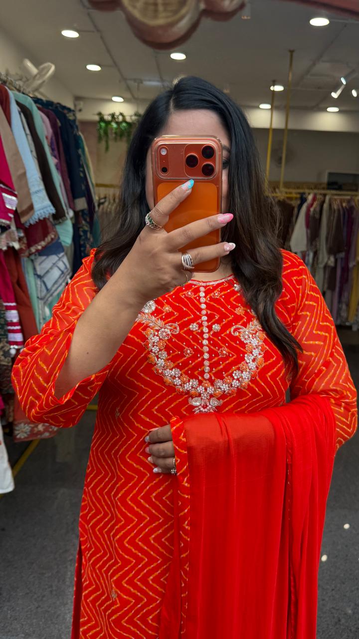 Pretty pretty georgette pretty hand work suit set in orange(slim fit)