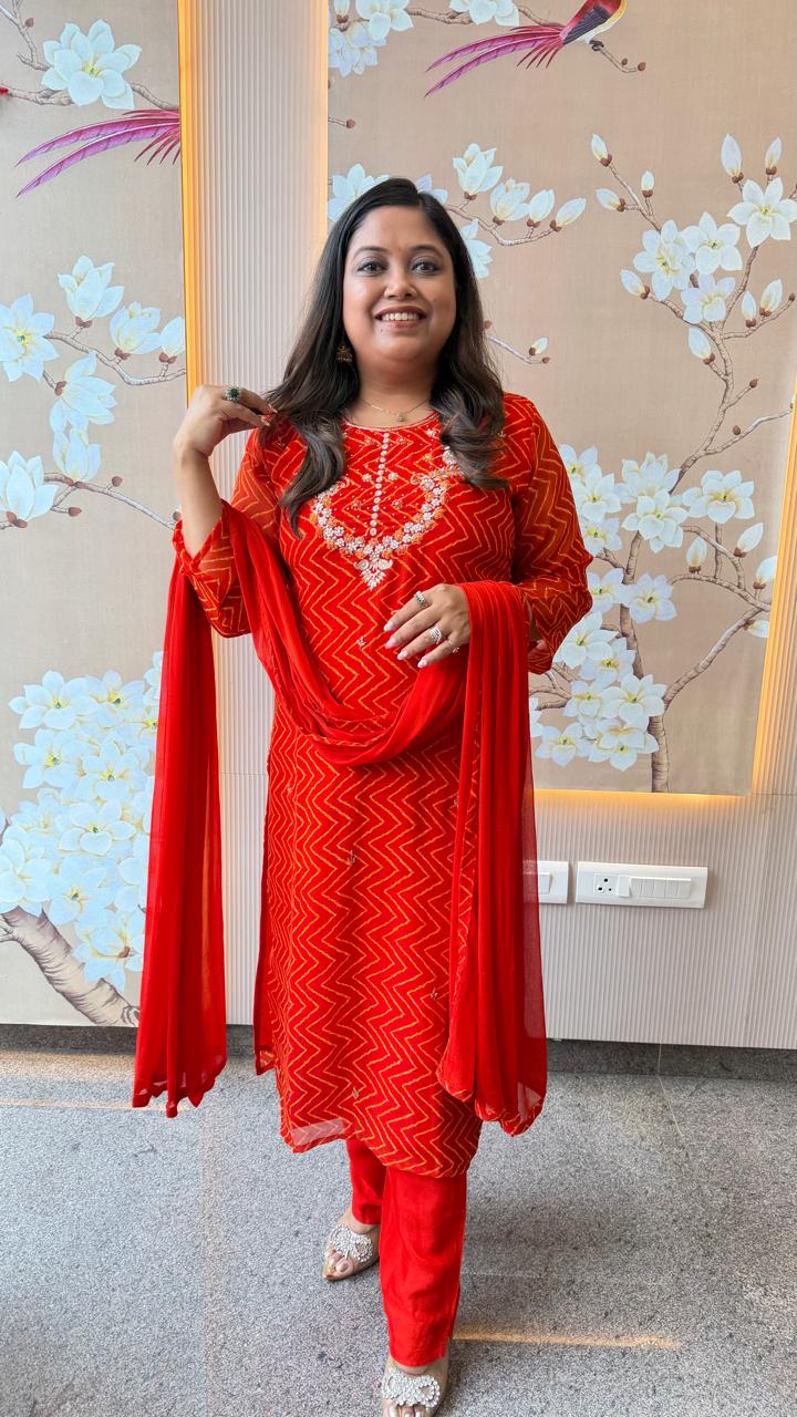 Pretty pretty georgette pretty hand work suit set in orange(slim fit)