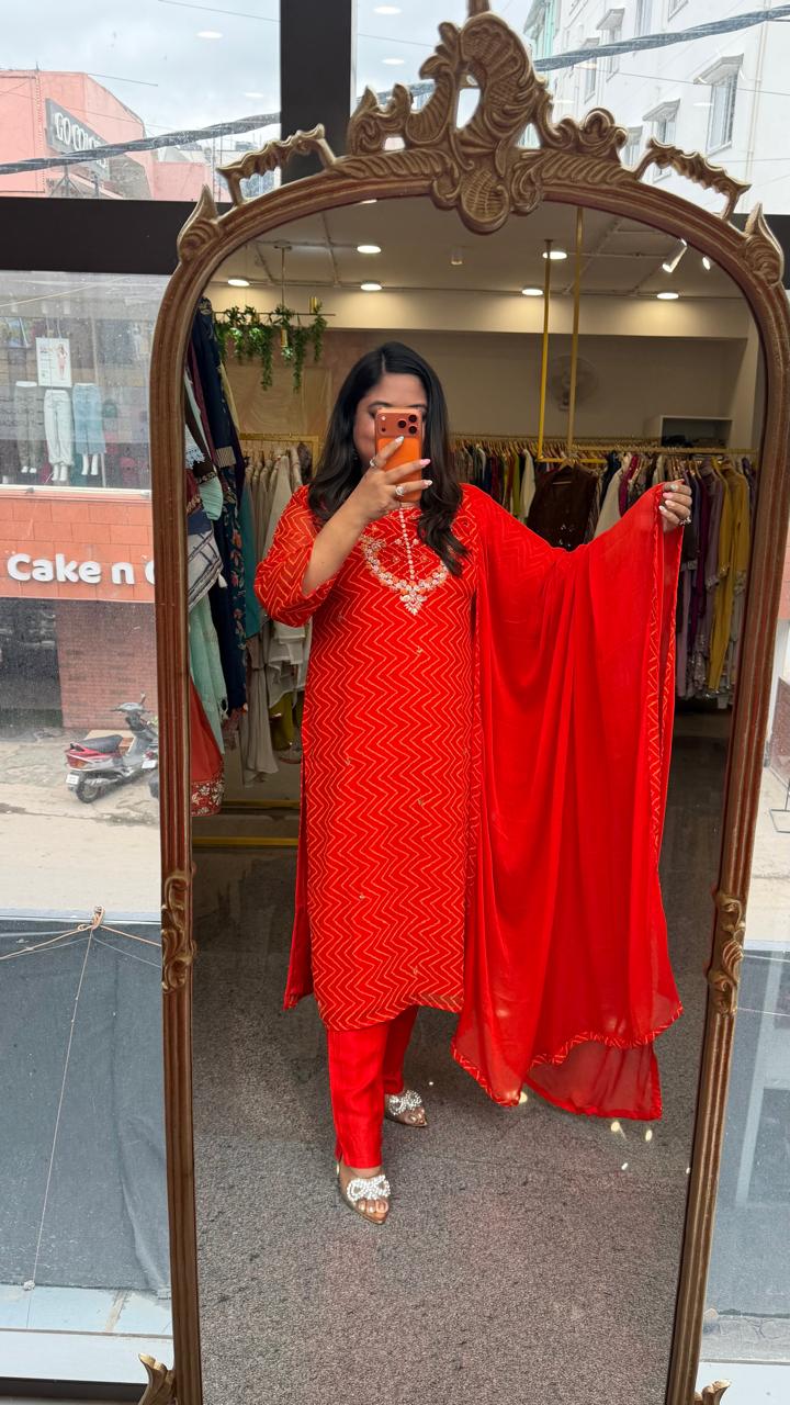 Pretty pretty georgette pretty hand work suit set in orange(slim fit)