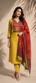 Soft muslin real mirror suit set in yellow