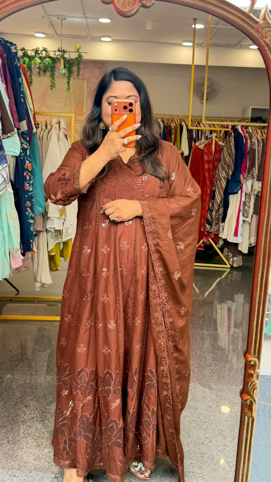 Cotton cutwork Anarkali suit set in brown