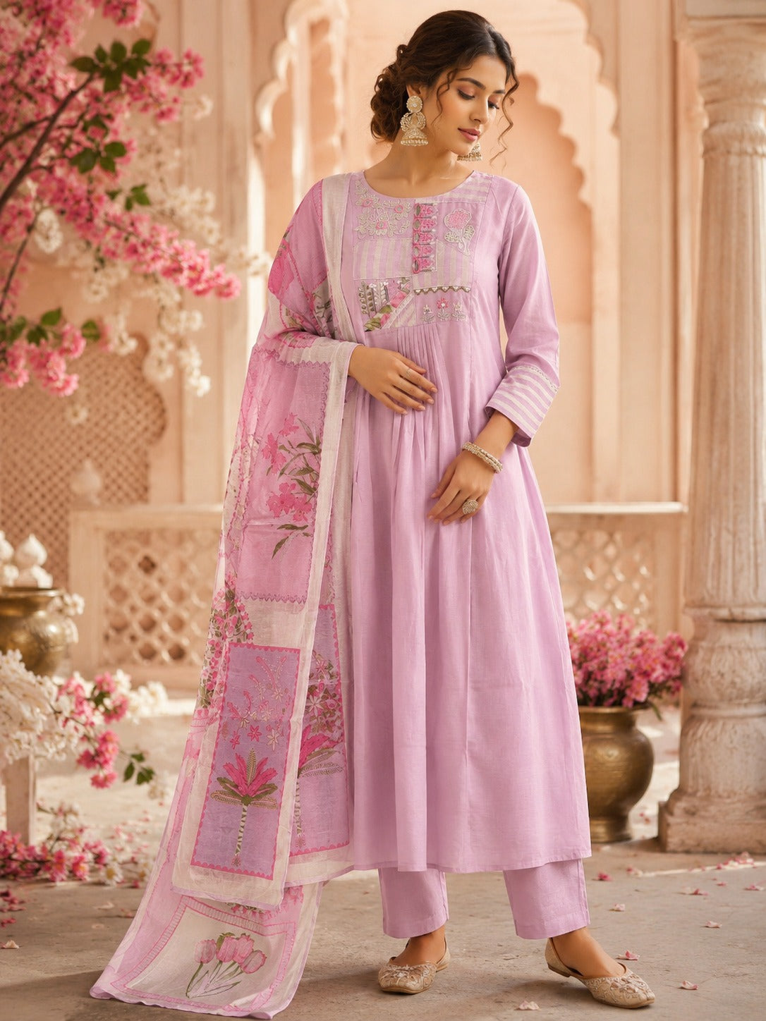Super premium Mul chanderi with front and back applique suit set
