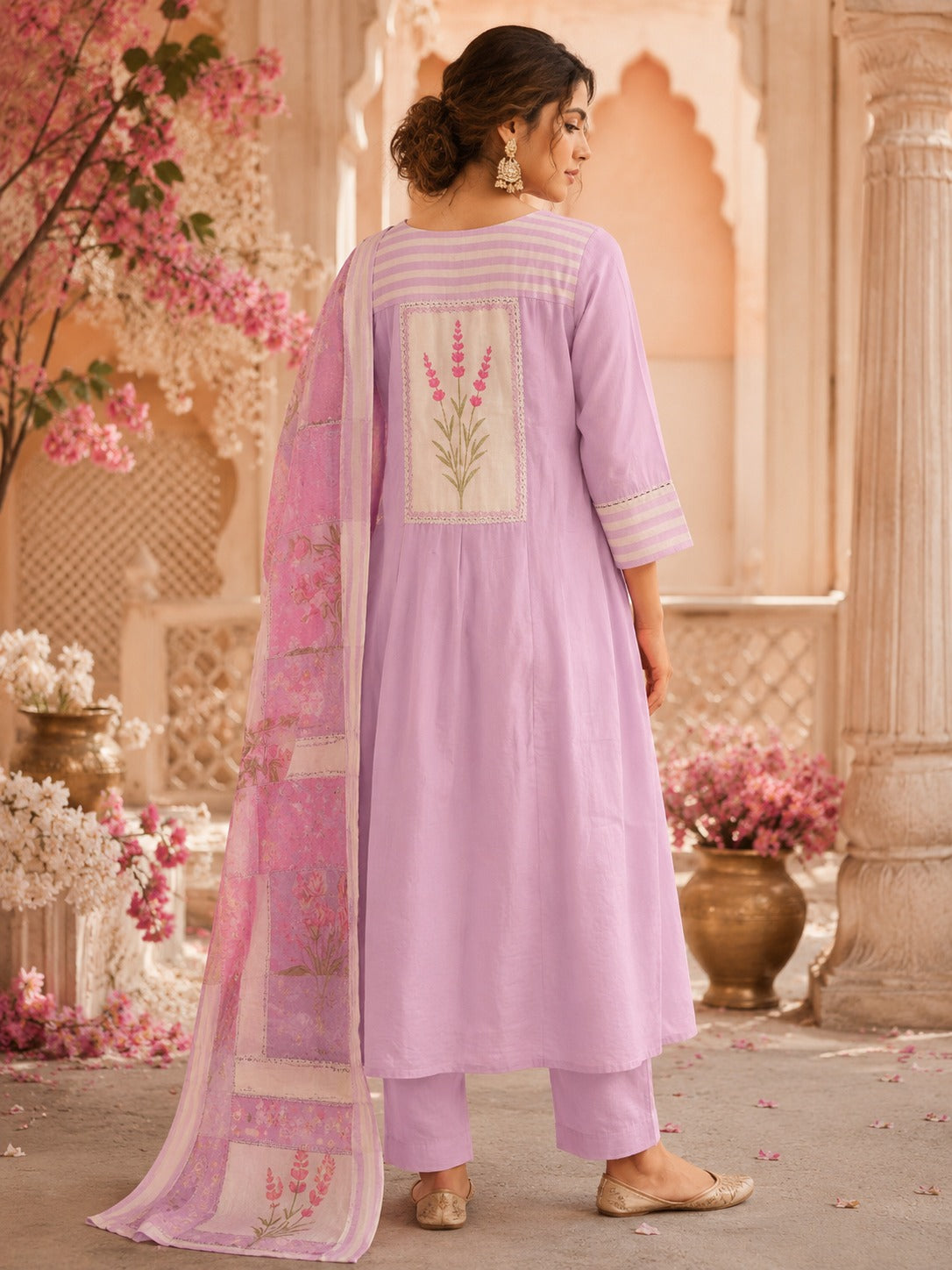 Super premium Mul chanderi with front and back applique suit set