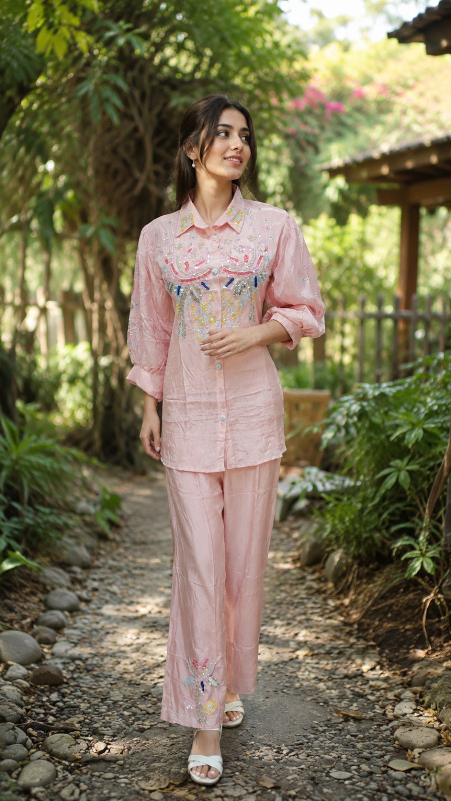 Pretty party wear silk co ord in baby pink
