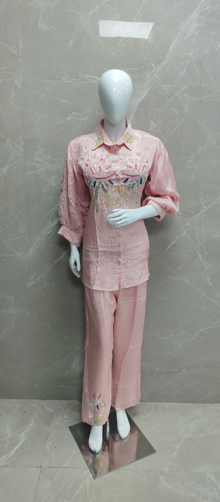 Pretty party wear silk co ord in baby pink