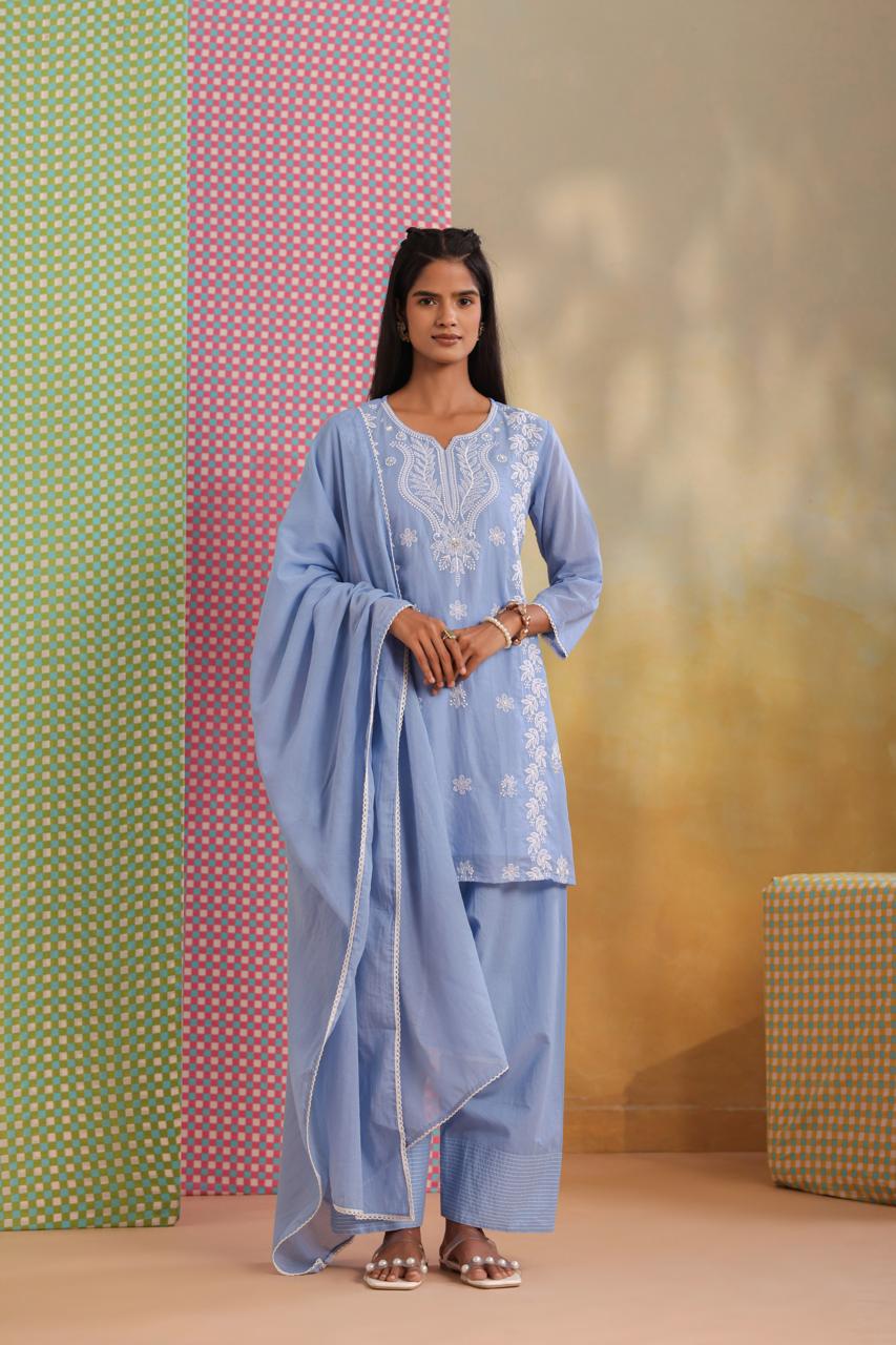 Powder blue chikankari farshi salwar full suit set